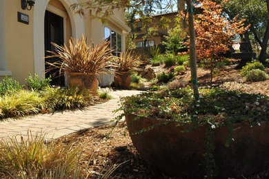 Design ideas for a mid-sized mediterranean front yard partial sun formal garden in Sacramento with concrete pavers and a garden path.