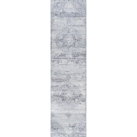 Modern Persian Medallion Light Gray/Ivory 2'x10' Runner Rug