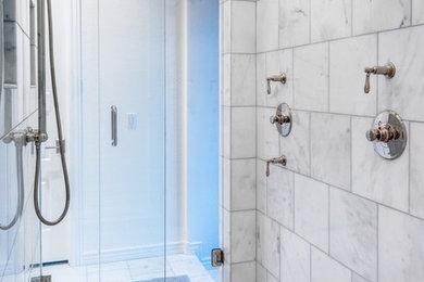Example of a transitional master gray tile, white tile and stone tile alcove shower design in Phoenix