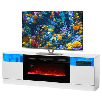 Modern TV Stand, Large Design With Center Fireplace & LED Lighting, Black/White