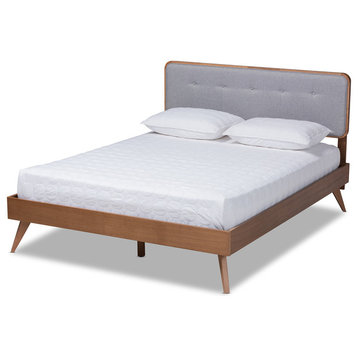 Davena Light Gray Fabric Upholstered Walnut Brown Wood Queen Platform Bed