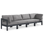 Meridian Furniture - Nizuc Water Resistant Patio Modular Straight Sofa, Gray, 4-Piece: 2 Armless Chair, 2 Corner Chair, Dark Gray Aluminum Frame - Pick and choose your favorites from the Nizuc collection to create a modular seating group the whole gang will enjoy. The sturdy aluminum frame provides dependable support for friends and family as they relax and unwind, and the resilient grey water resistant fabric stands up to the elements without losing its beautiful demeanor, so you can count on it lasting for the long haul. Latches beneath these seating pieces help you easily attach them to one another for convenient setup.