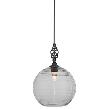 Elegante Pendant Shown In Matte Black Finish With 14" Clear Ribbed Glass