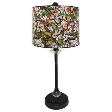 28" Crystal Lamp With Magnolia Stained Glass Shade, Oil Rubbed Bronze, Single