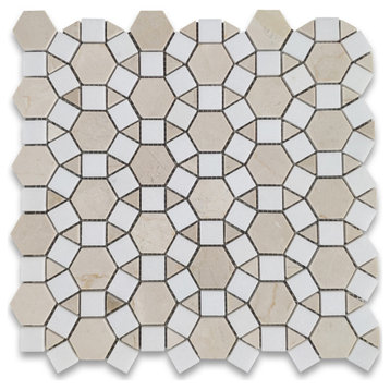 Crema Marfil Thassos White Marble Hexagon Sunflower Ring Waterjet Tile, 1 sheet