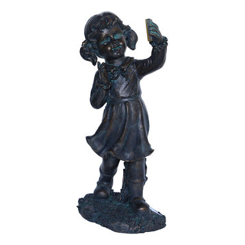 18" Girl With Cell Phone Solar Power LED Lit Outdoor Garden Statue