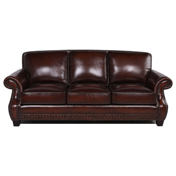 Bowery Hill Traditional Leather Sofa With Nailheads in Brown