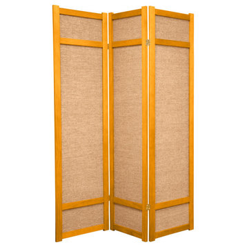 Traditional Room Divider, Wooden Frame With Jute Screens, Honey/3 Panels