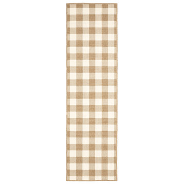 Martinique Gingham Check Indoor/Outdoor Area Rug, Tan, 2'3"x7'6"