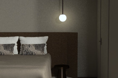 Modelo de dormitorio principal y beige y blanco minimalista pequeño con paredes beige y suelo de madera oscura