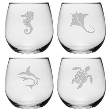 Sea Life 4-Piece Stemless Wine Glass Set
