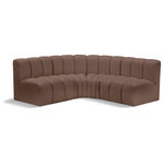 Meridian Furniture - Arc Vegan Leather Upholstered 4-Pc. L-Shaped Modular Sectional, Brown - Unleash modern opulence with the Arc Vegan Leather 4pc. Sectional. Crafted for the modern connoisseur, this Sectional injects an air of refined luxury into any space. Its sleek silhouette, upholstered in supple brown vegan leather, exudes timeless sophistication while the deep channel tufting adds textural intrigue, further elevating the chair's visual appeal. The modular design makes it a versatile chameleon, effortlessly adapting to your evolving needs and preferences. Whether you envision it gracing a chic living room corner, basking in the glow of a bedroom window, or adding a touch of drama to a home office, the Arc seamlessly complements your unique interior aesthetic.
