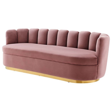 Tufted Sofa, Pink, Velvet, Modern, Mid Century Living Hotel Lounge Cafe Lobby