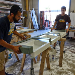 Corian Glacier White and Verde vanity top. - Vanity Tops And Side Splashes