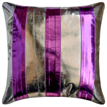 Purple Faux Leather Patchwork, Striped 16"x16" Pillow Cover Alternating Purple