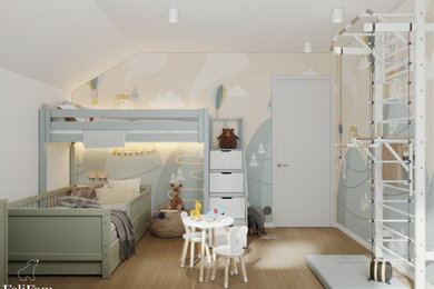 На фото: детская среднего размера с спальным местом, синими стенами, полом из ламината и коричневым полом для ребенка от 4 до 10 лет, мальчика