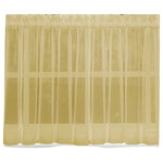Emelia Sheer Solid Gold Kitchen Curtain, 24" Tier - This solid kitchen curtain is made of very sheer voile polyester. The matching valance and swag pair are sold separately from the bottom tiers or can be used alone to accent the window. The bottom tiers are available in 24" long tier or 36" long tier. The picture shows: one swag (pair) + two valances in between over two tier (pairs). as sheer curtains look best when very full.