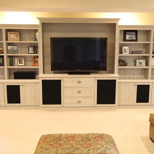 Home theater - modern home theater idea in Indianapolis with a media wall
