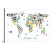 Animal Map of the World for children, White Wrapped Canvas Art Print, 48"x3