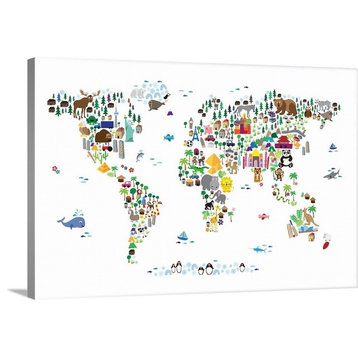 Animal Map of the World for children, White Wrapped Canvas Art Print, 18"x1