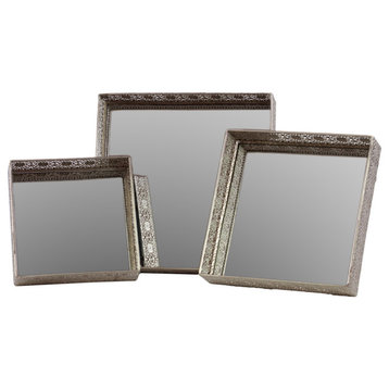 Pierced Metal and Mirror Trays, 3-Piece Set