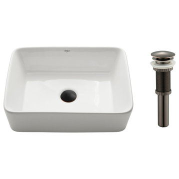 Elavo Ceramic Rectangle Vessel White Sink, PU Drain Oil Rubbed Bronze