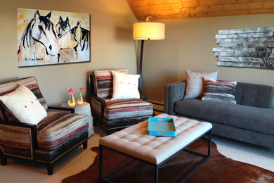 Inspiration for a large rustic master carpeted and beige floor bedroom remodel in Denver with green walls and no fireplace