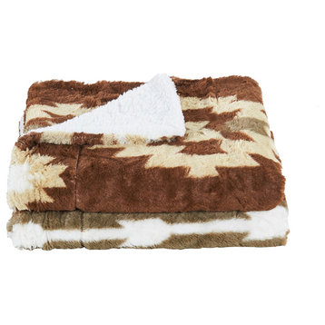 Southwest Faux Fur & Sherpa Backing Throw Blanket, Coffee, 50" X 60"