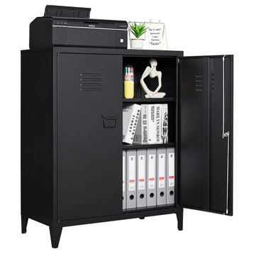 Metal Storage Cabinet, 2 Doors & 2 Shelves, 35.5", Black, With Legs