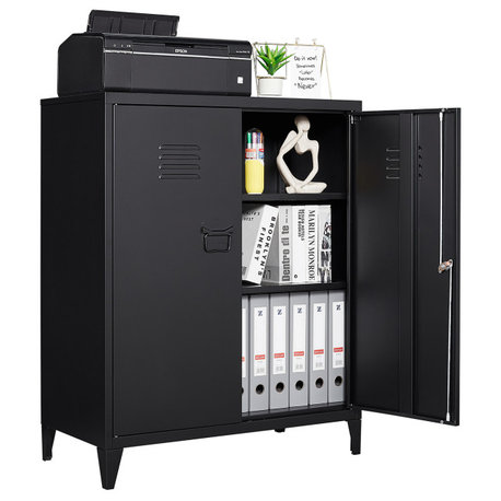 Metal Storage Cabinet, 2 Doors & 2 Shelves, 35.5", Black, With Legs