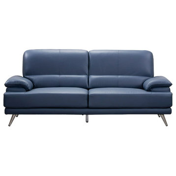 Benzara BM226612 Leather Sofa With Pillowtop Arms and Metal Legs, Navy Blue