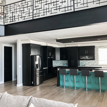 Kitchen with cat walk overlooking living room