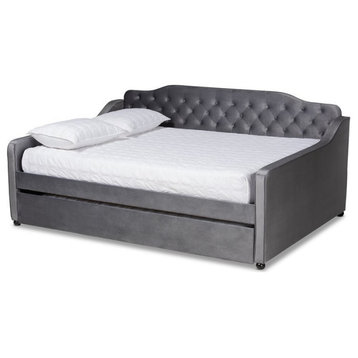 Bowery Hill Transitional Velvet Button Tufted Queen Daybed with Trundle in Gray