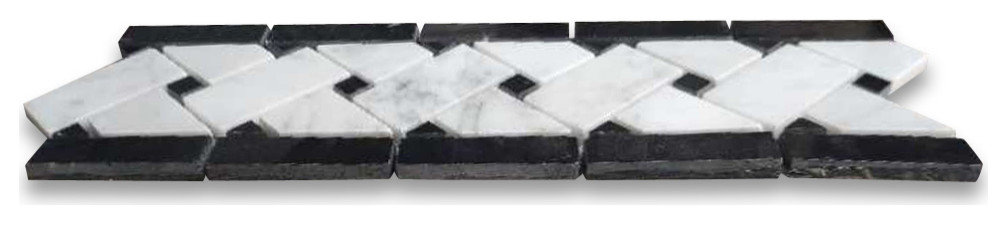 Carrara Marble Basketweave Listello Border Black Dots Polished 4x12, 1 sheet