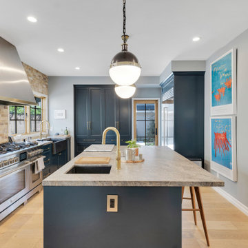 Transitional Kitchen Remodel with Large Island & Blue Custom Cabinetry | Los Ang
