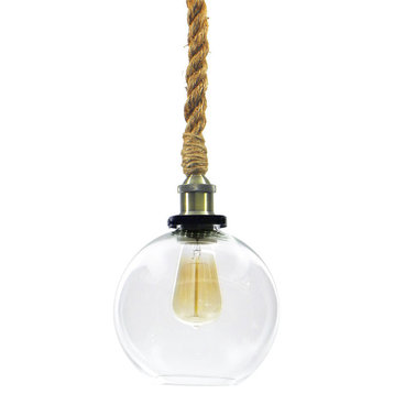 Antique Brass Glass Globe Shade Rope Pendant Light