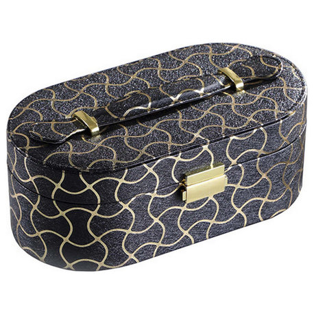 Benzara BM240929 Travel Jewelry Case, 2 Semicircle Slots/Wavy Pattern Black