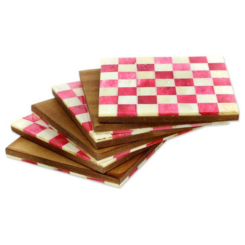 Red Checkers, Set of 6 Bone Coasters, India
