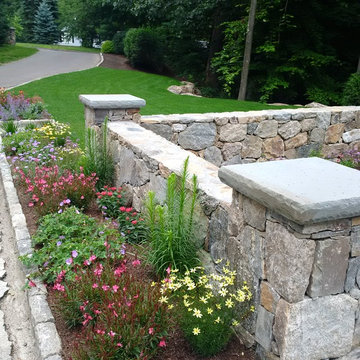 Freestanding stone wall, landscaping, Patio, Grill