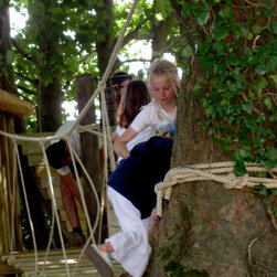Kids discovering the play and imagination as they cross a woodland Rope Bridge f - Garden Playhouses