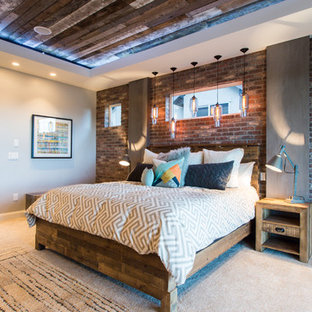 Inspiration for an industrial bedroom in Salt Lake City with red walls and carpet.