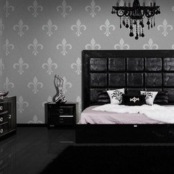 Glam Transitional Bedroom in Black Crocodile Pattern Lacquer Finish - Beds