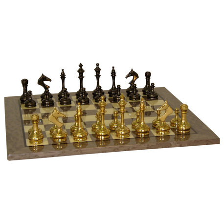 Brass Slim Chessmen on Grey Briar Chess Board