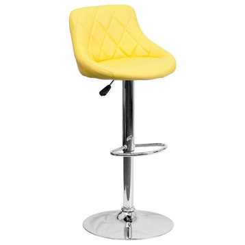 Yellow Vinyl Bucket Seat Adjustable Height Barstool With Diamond Pattern Back