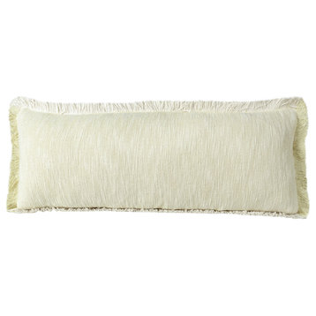 Two-Tone Cotton Throw Pillow with Fringe, Light Yellow, 14" X 36"