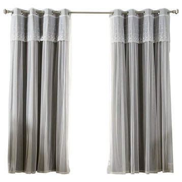 Tulle Sheer With Attached Valance and Solid Blackout Curtains, Black, 84"