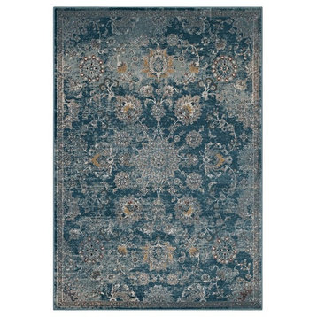 Country Farm Living Area Rug, Distressed Vintage, Blue