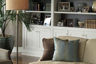 Living room - large transitional formal and open concept medium tone wood floor living room idea in Chicago with brown walls
