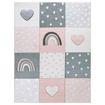 Kids Rug With Rainbows & Hearts, Checkered, Pink White, 7'10"x11'2"