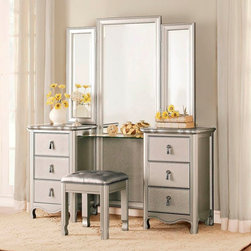 HOMELEGANCE 1901-15 TRI-FOLDING MIRROR CHAMPAGNE WOOD VANITY TABLE SET - Bedroom & Makeup Vanities